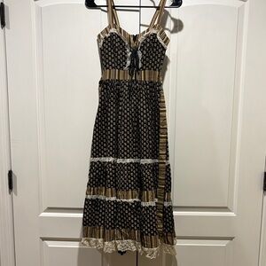 Gunne Sax Black and Beige Striped Floral Midi Dress